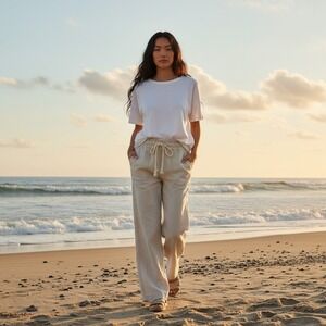 ROXY Women's Khaki Nautical Linen Blend Drawstring Rope Flared Leg Pants Size M